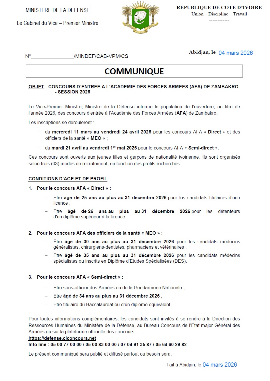 CONCOURS MILITAIRES 2026 CONCOURS D’ENTREE A L’ACADEMIE DES FORCES ARMEES (AFA) DE ZAMBAKRO - SESSION 2026