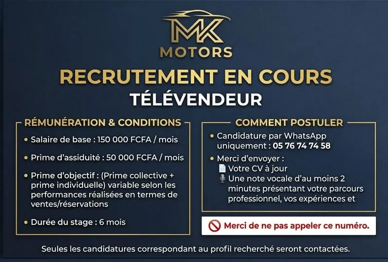 MK MOTORS CI RECRUTE TELEVENDEUR (H/F)