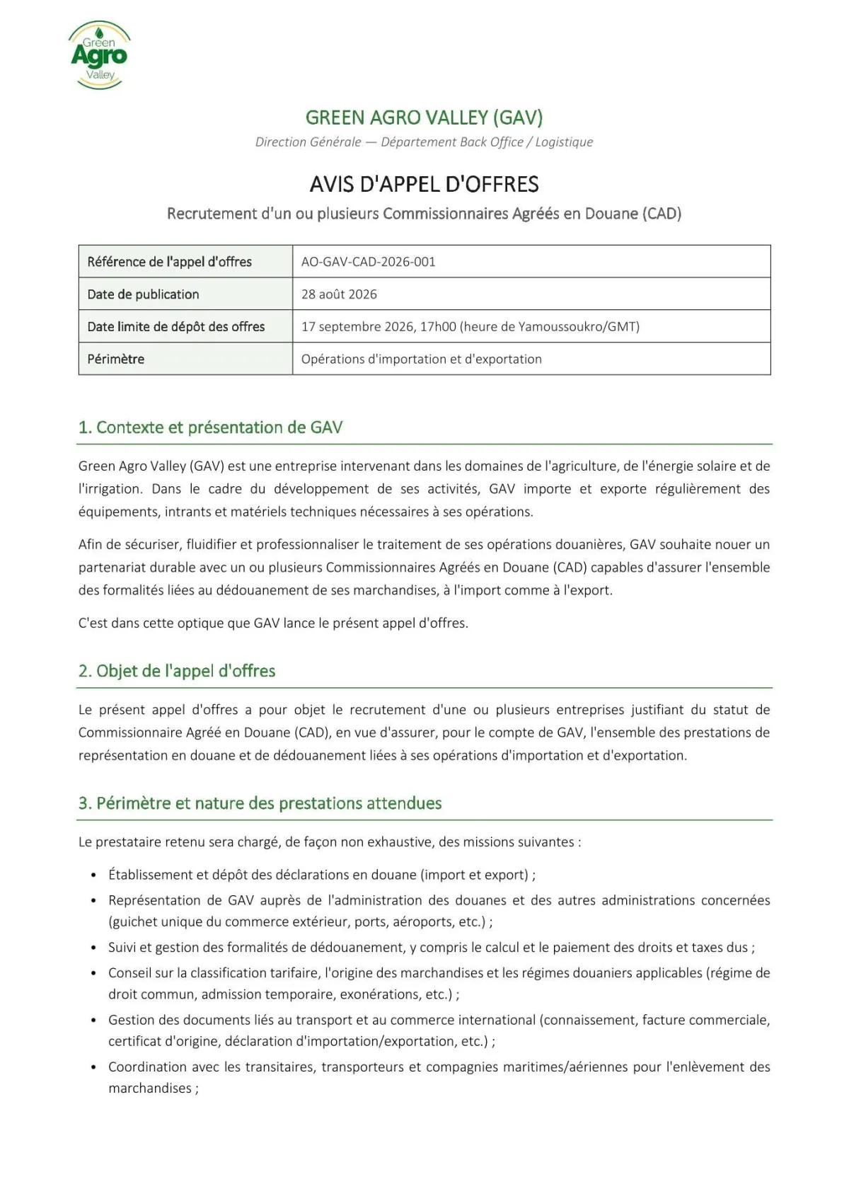 GREEN AGRO VALLEY RECRUTEMENT DE COMMISSIONNAIRES AGRÉÉS EN DOUANE (CAD)