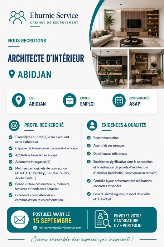 EBURNIE SERVICE RECRUTE ARCHITECTE D'INTERIEUR