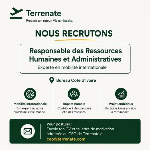 TERRANATE RECRUTE RESPONSABLE RH, ADMINISTRATIF & MOBILITÉ INTERNATIONALE | CÔTE D’IVOIRE