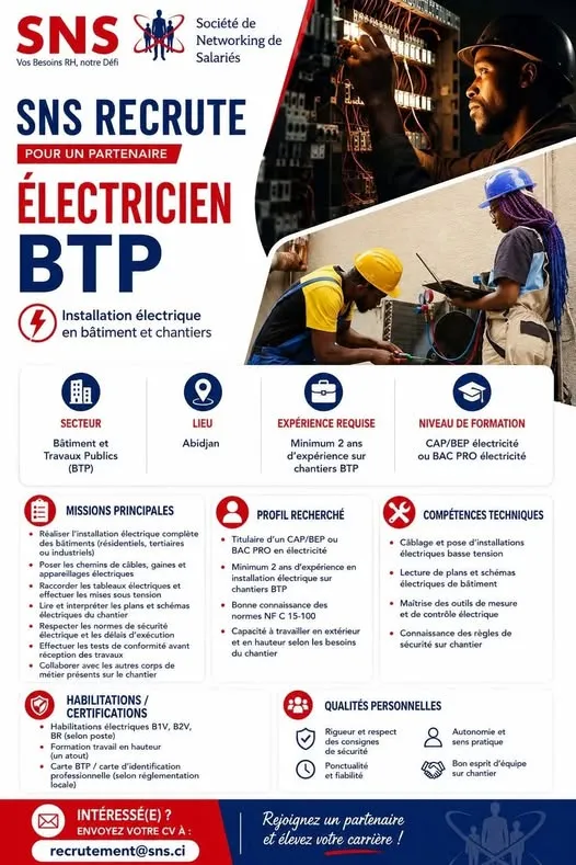 SNS RECRUTSNS ÉLECTRICIEN BTP