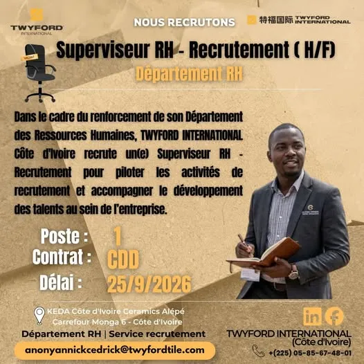 TWYFORD INTERNATIONAL RECRUTE SUPERVISEUR RH (H/F)