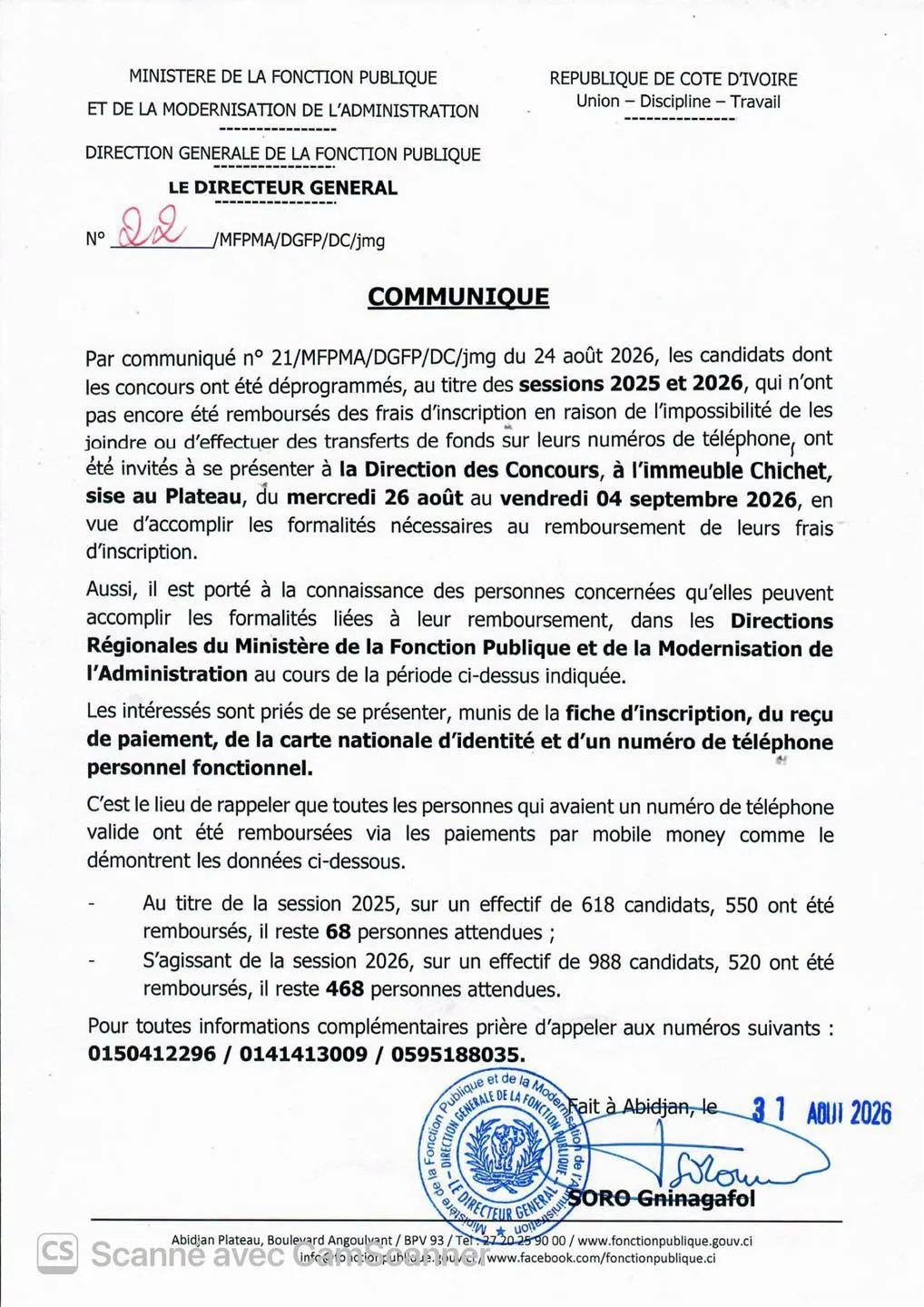 COMMUNIQUE MINISTERE DE LA FONCTION PUBLIQUE N° 21/MFPMA/DGFP/DC