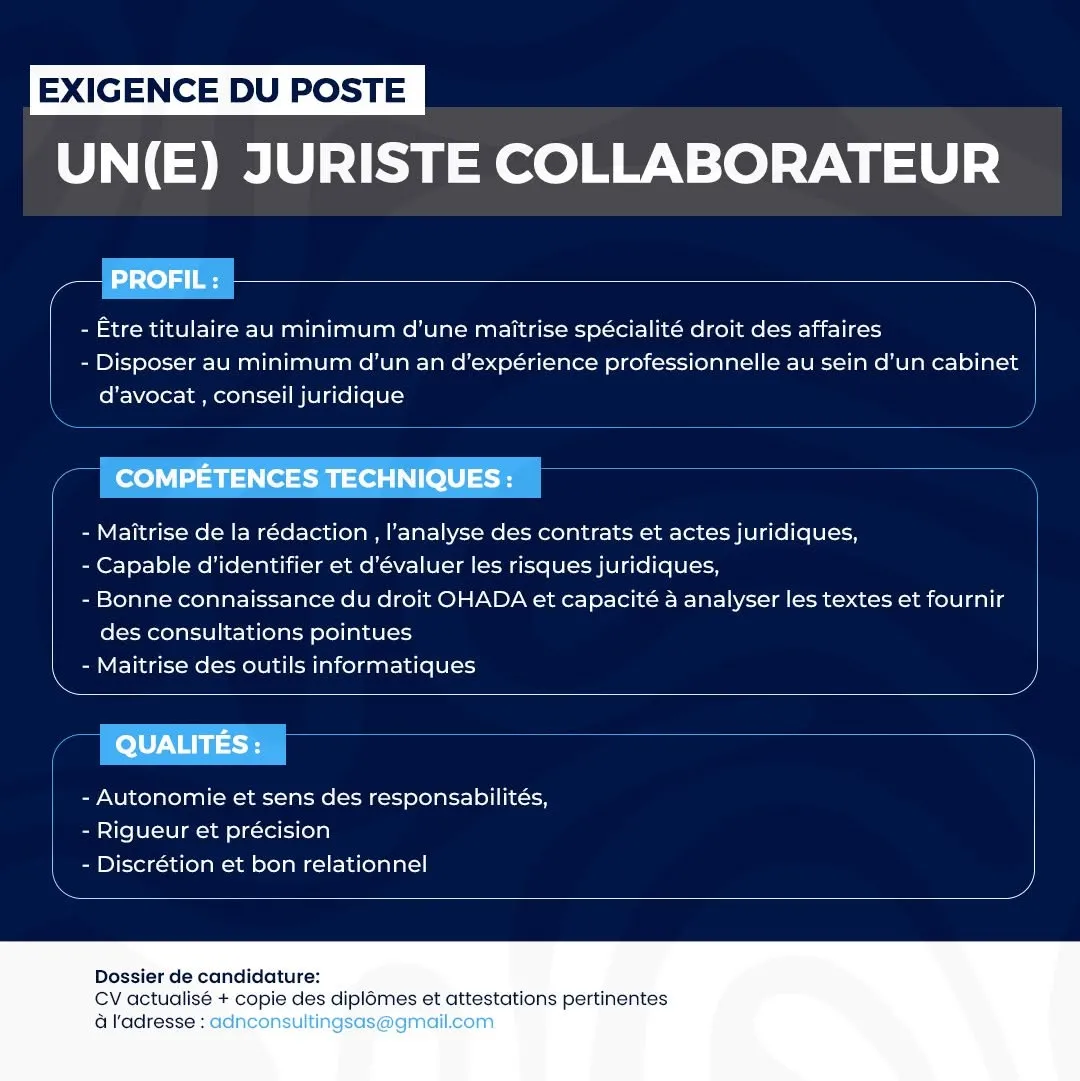 ADN Consulting RECRUTE JURISTE COLLABORATEUR