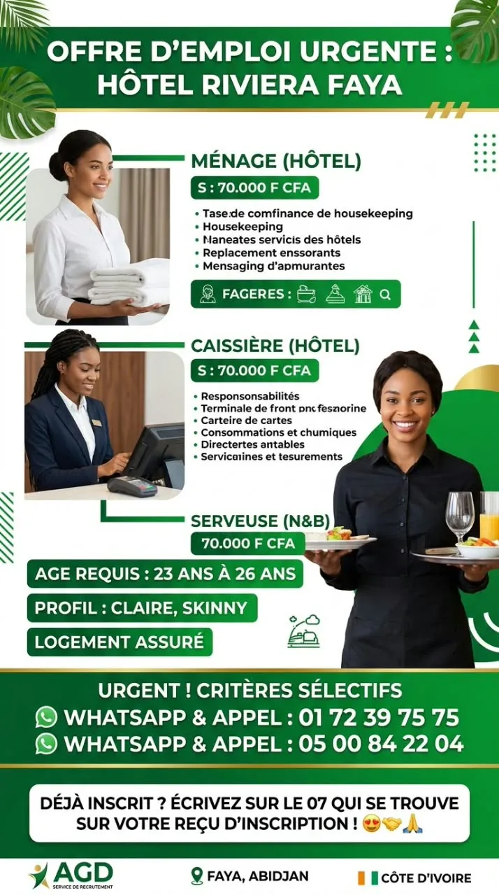 AGD RECRUTE MANAGER HOTEL / CAISSIÈRE