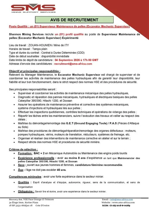 SNS RECRUTE SUPERVISEUR MAINTENANCE DE PELLES