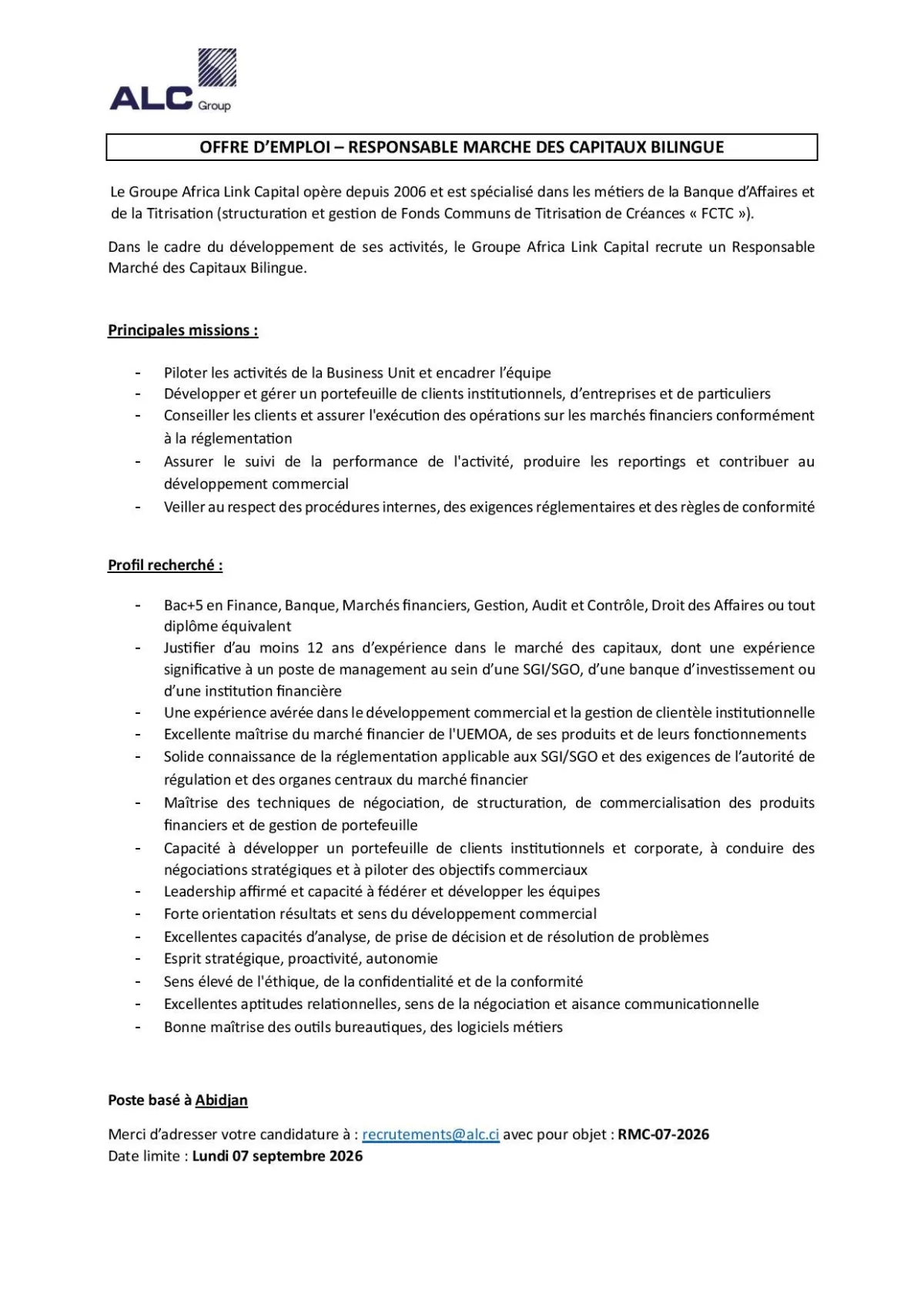 ALC RECRUTE RESPONSABLE MARCHE DES CAPITAUX BILINGUE