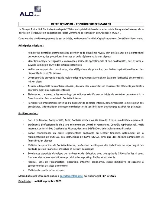ALC RECRUTE CONTROLEUR PERMANENT