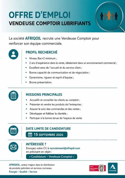 AFRIQOIL RECRUTE VENDEUSE COMPTOIR LUBRIFIANTS