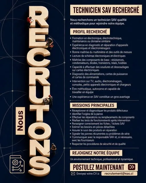 NOUS RECRUTONS – TECHNICIEN SAV