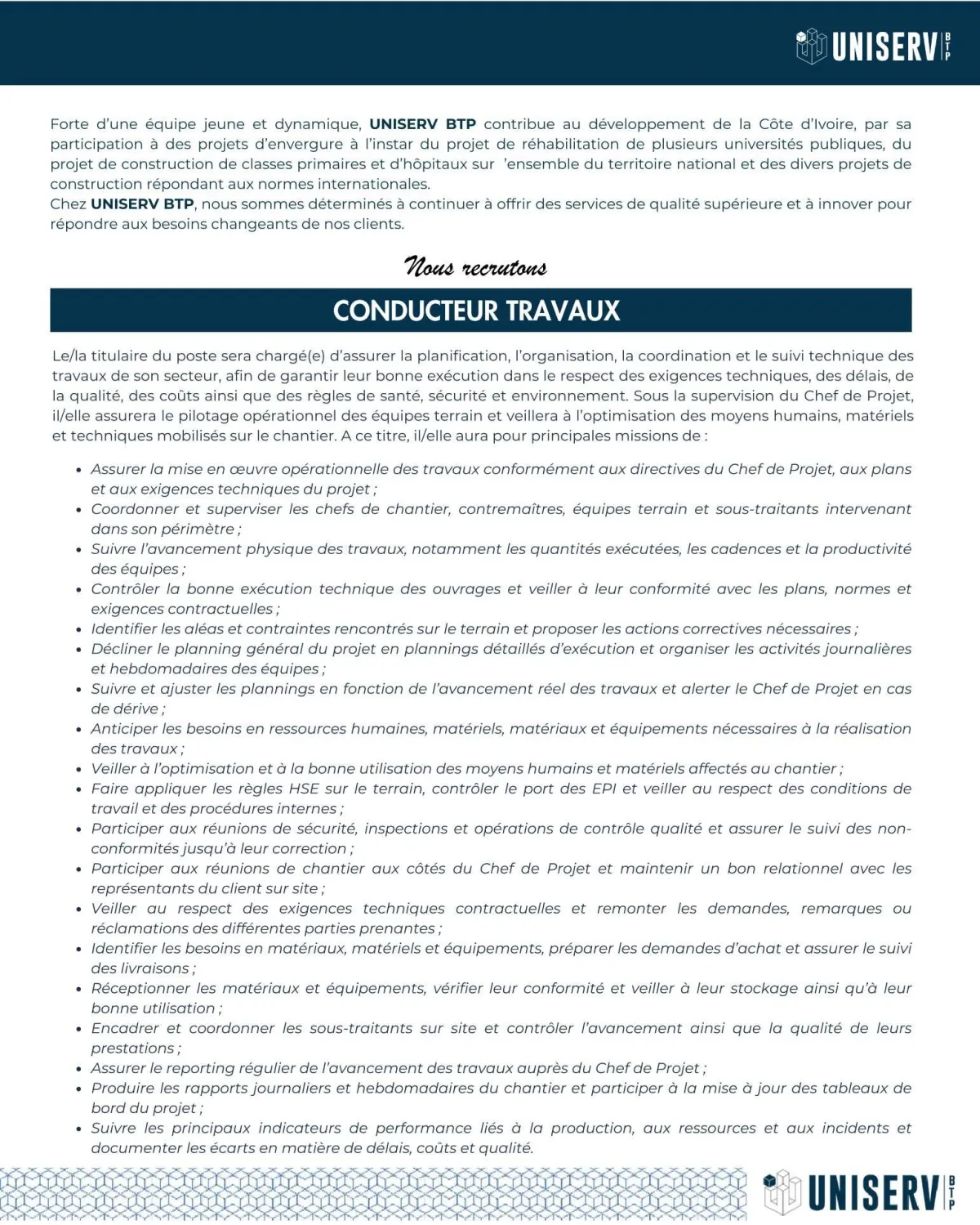 RECRUTEMENT DE CONDUCTEUR TRAVAUX