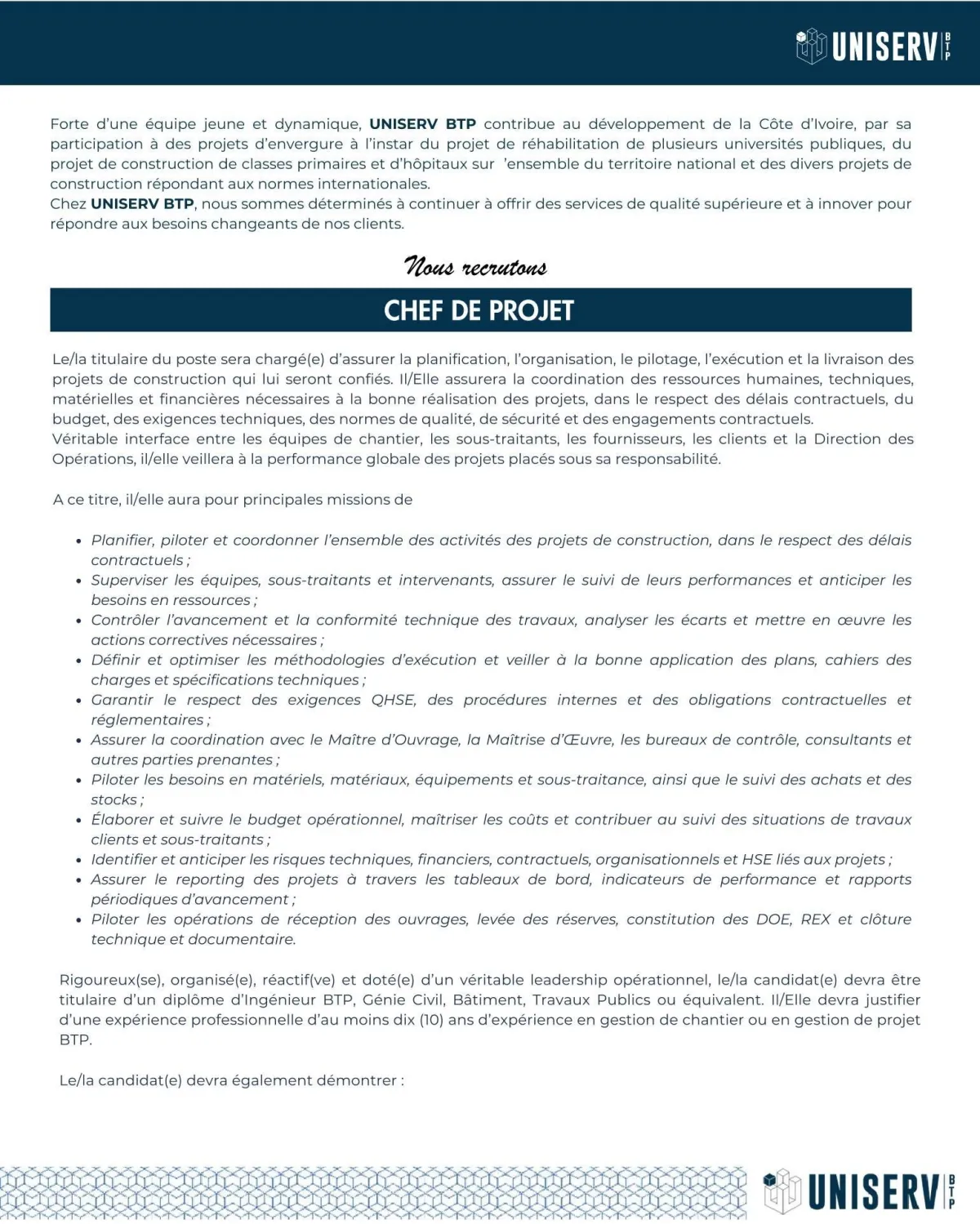 RECRUTEMENT DE CHEF DE PROJET