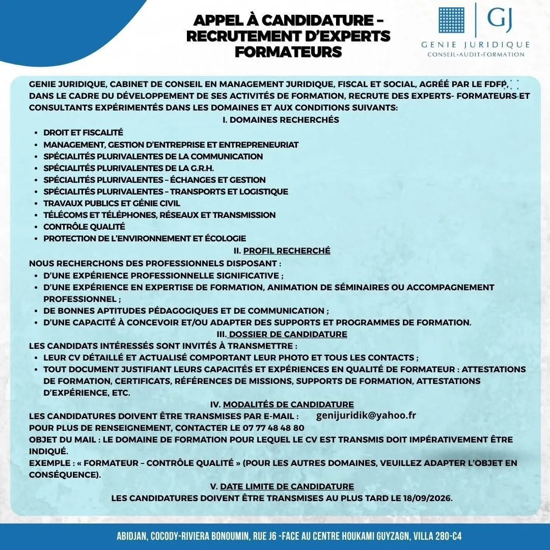 RECRUTEMENT D’EXPERTS FORMATEURS (H/F)