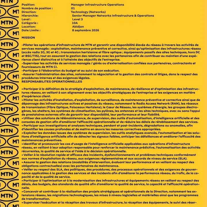 MTN RECRUTE MANAGER INFRASTRUCTURE OPÉRATION