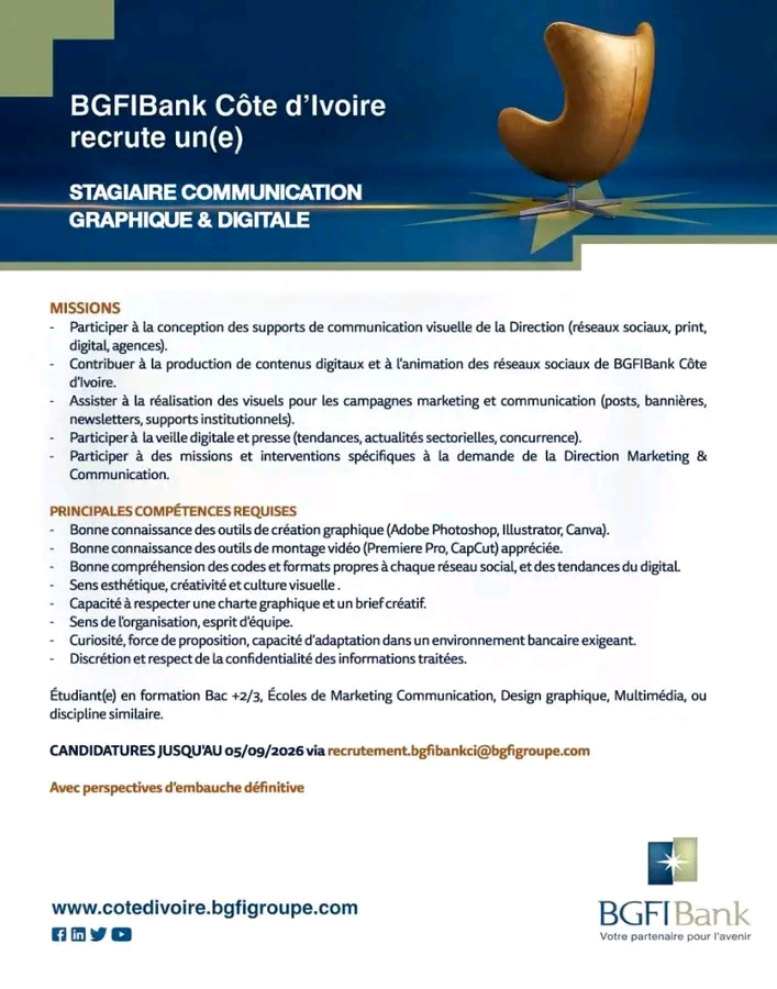 BGFIBANK RECRUTE STAGIAIRE COMMUNICATION GRAPHIQUE ET DIGITAL