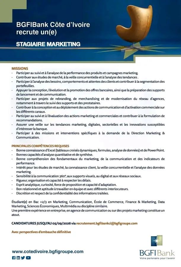 BGFIBANK RECRUTE STAGIAIRE MARKETING