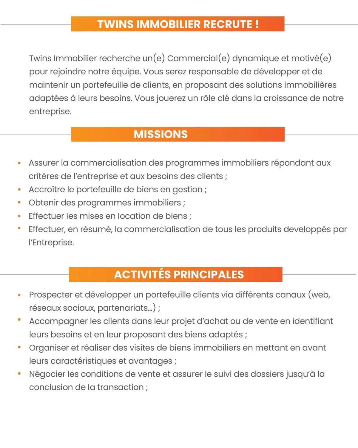 TWINS IMMOBILIER RECRUTE COMMERCIAL (E)