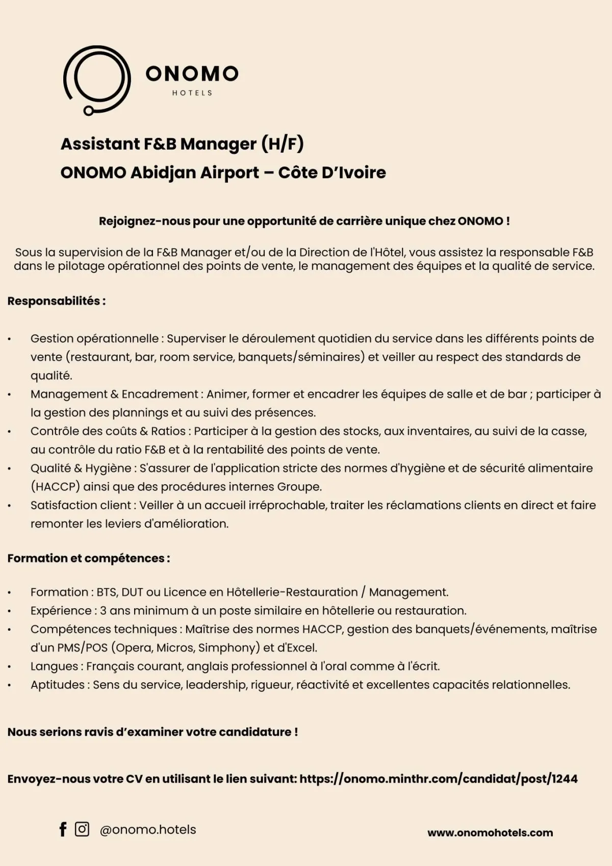 ONOMO HOTEL RECRUTE ASSISTANT H/F
