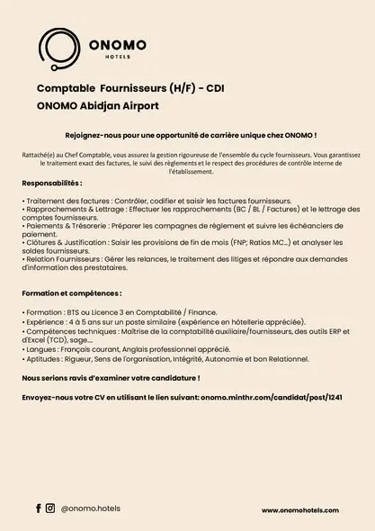 ONOMO RECRUTE COMPTABLE FOURNISSEUR