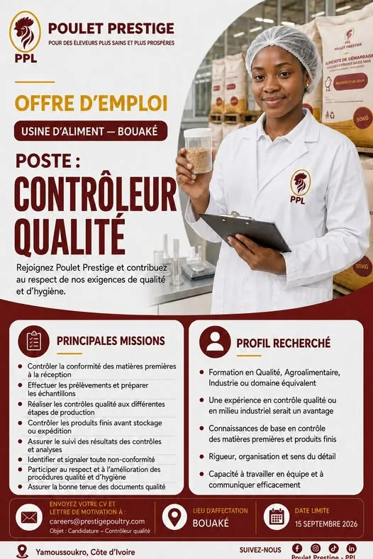 POULET PRESTIGE RECRUTE CONTROLEUR DE QUALITE (H/F)
