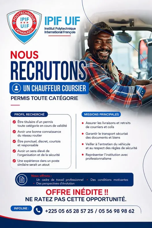 L'IPIF-UIF RECRUTE CHAUFFEUR COURSIER