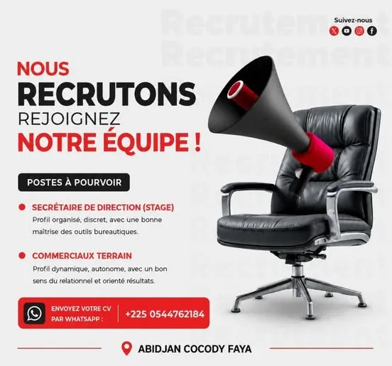 RECRUTEMENT SECRETAIRE DE DIRECTION / COMMERCIAUX TERRAIN