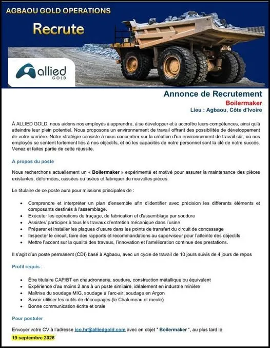 AGBAOU GOLD OPERATIONS RECRUTE BOILERMAKER
