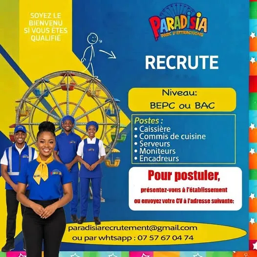 PARADISIA RECRUTE PLUSIEURS POSTES