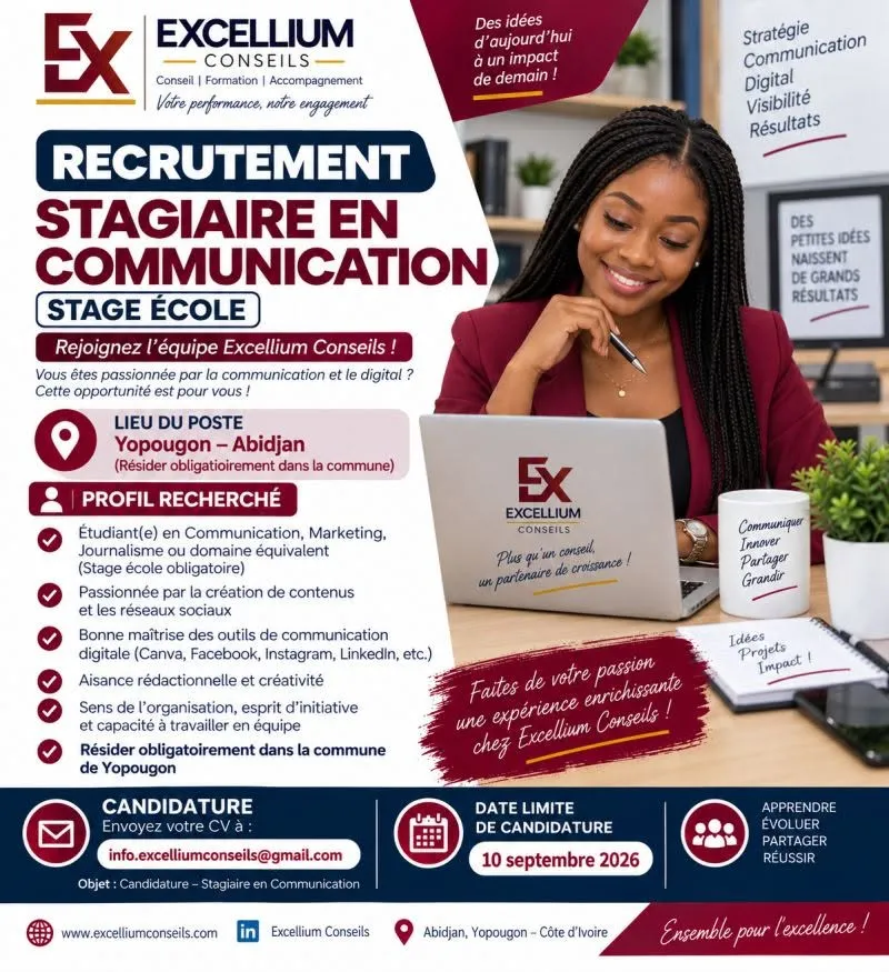 EXCELLIUM CONSEILS RECRUTE ASSISTANTE COMMUNICATION