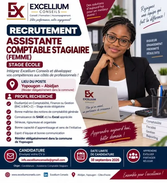 EXCELLIUM CONSEILS RECRUTE ASSISTANTE COMPTABLE