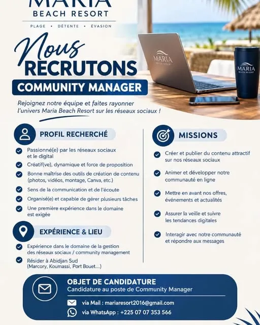 MARIA BEACH RESORT RECRUTE COMMUNITY MANAGER