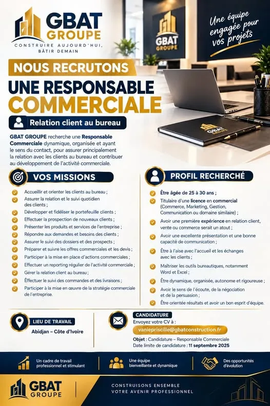 GBAT GROUPE RECRUTE UNE RESPONSABLE COMMERCIALE