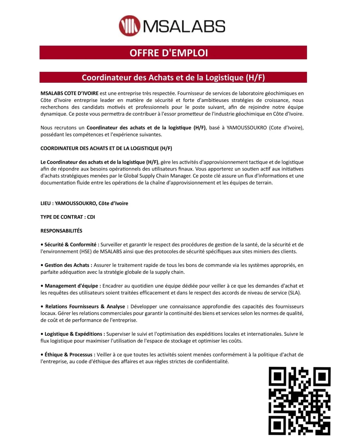 RECRUTEMENT COORDINATEUR DES ACHATS ET DE LA LOGISTIQUE (H/F)