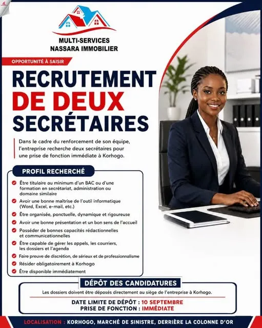RECRUTEMENT DE DEUX SECRÉTAIRES