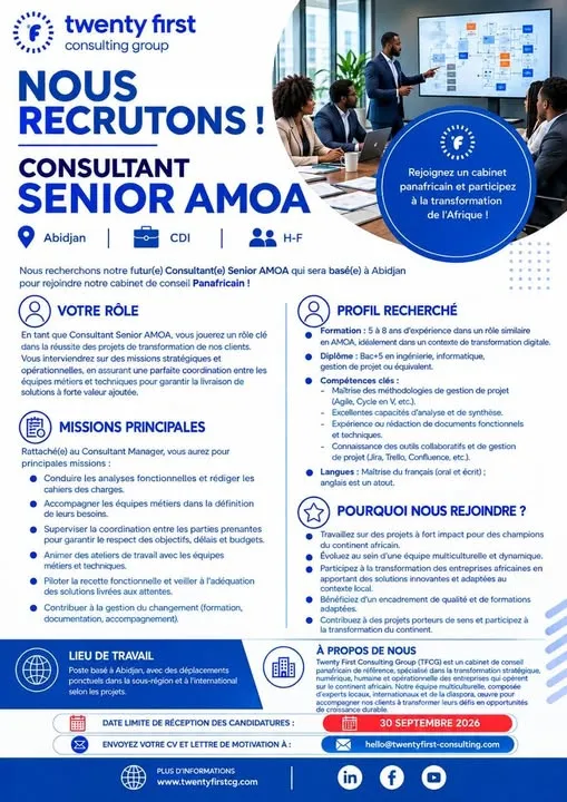 RECRUTEMENT 1 CONSULTANT SENIOR AMOA, 1 CONSULTANT JUNIOR et 3 STAGIAIRES