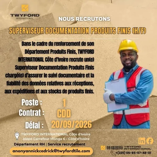 RECRUTEMENT SUPERVISEUR DOCUMENTATION PRODUIT FINIS (H/F)