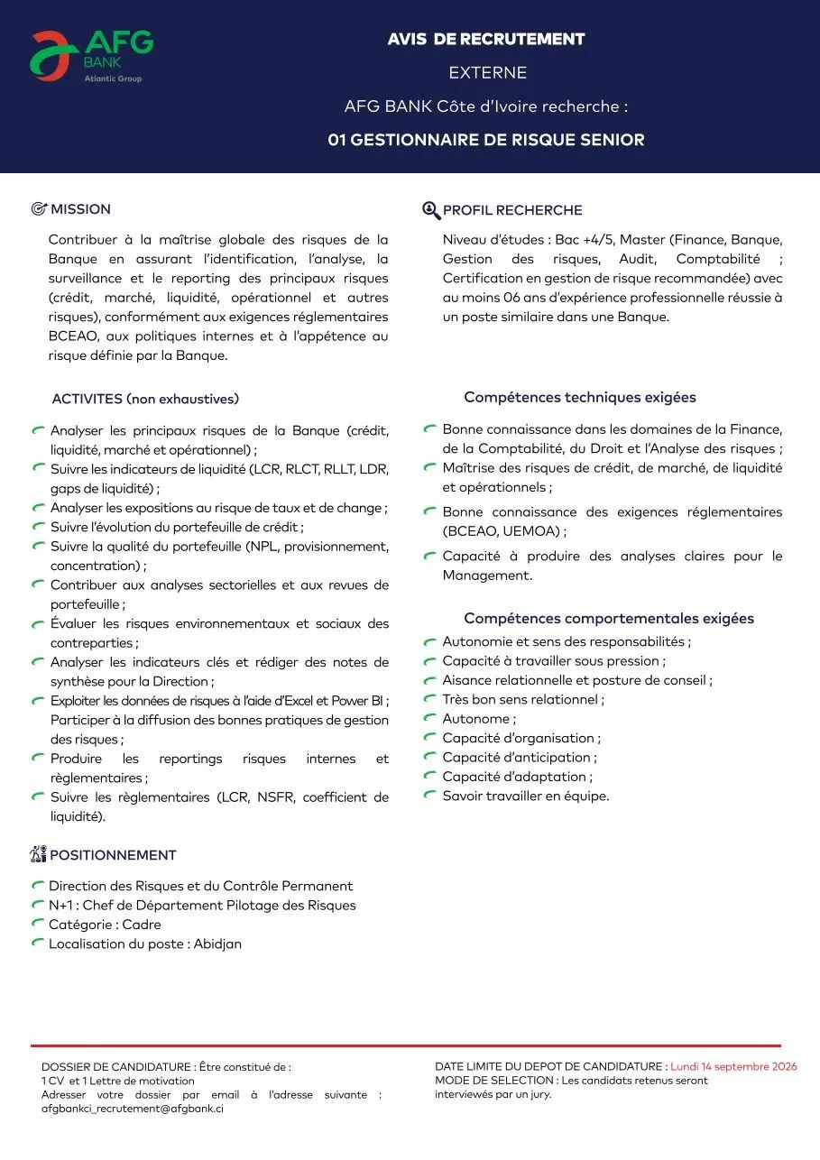 RECRUTEMENT UN GESTIONNAIRE DE RISQUE SENIOR
