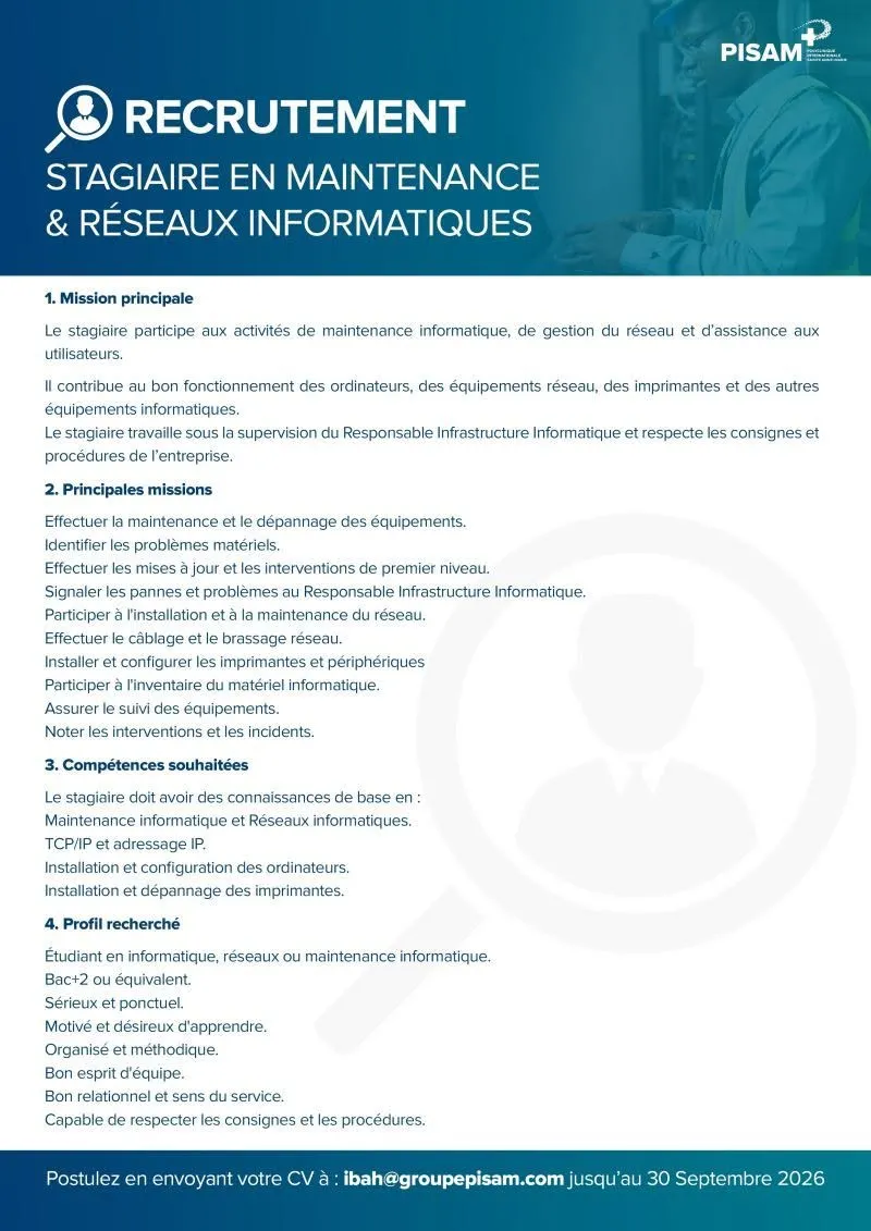 RECRUTEMENT STAGIARE RN MAINTENANCE ET RESEAUX INFORMATIQUE