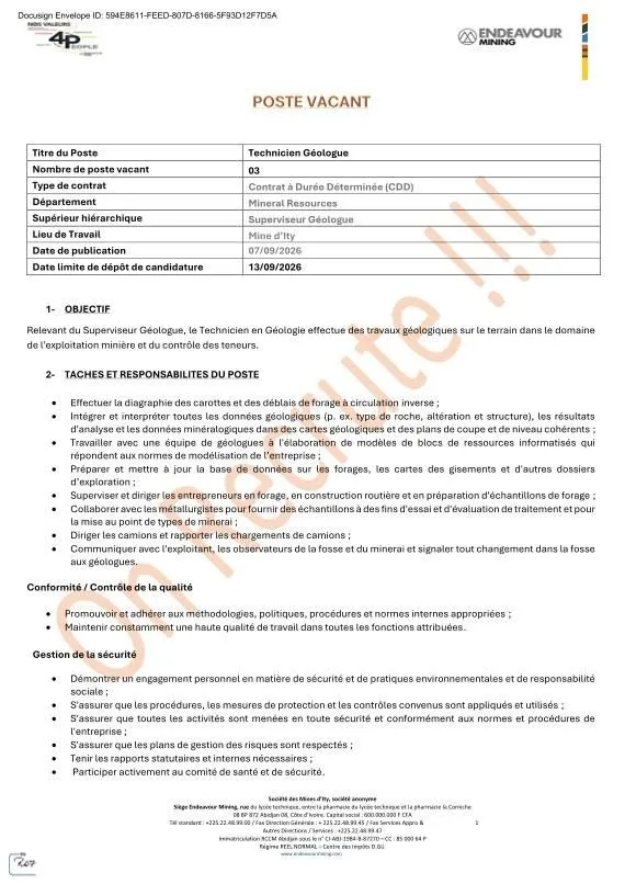 OFFRE D’EMPLOI – TECHNICIEN GÉOLOGUE (H/F)