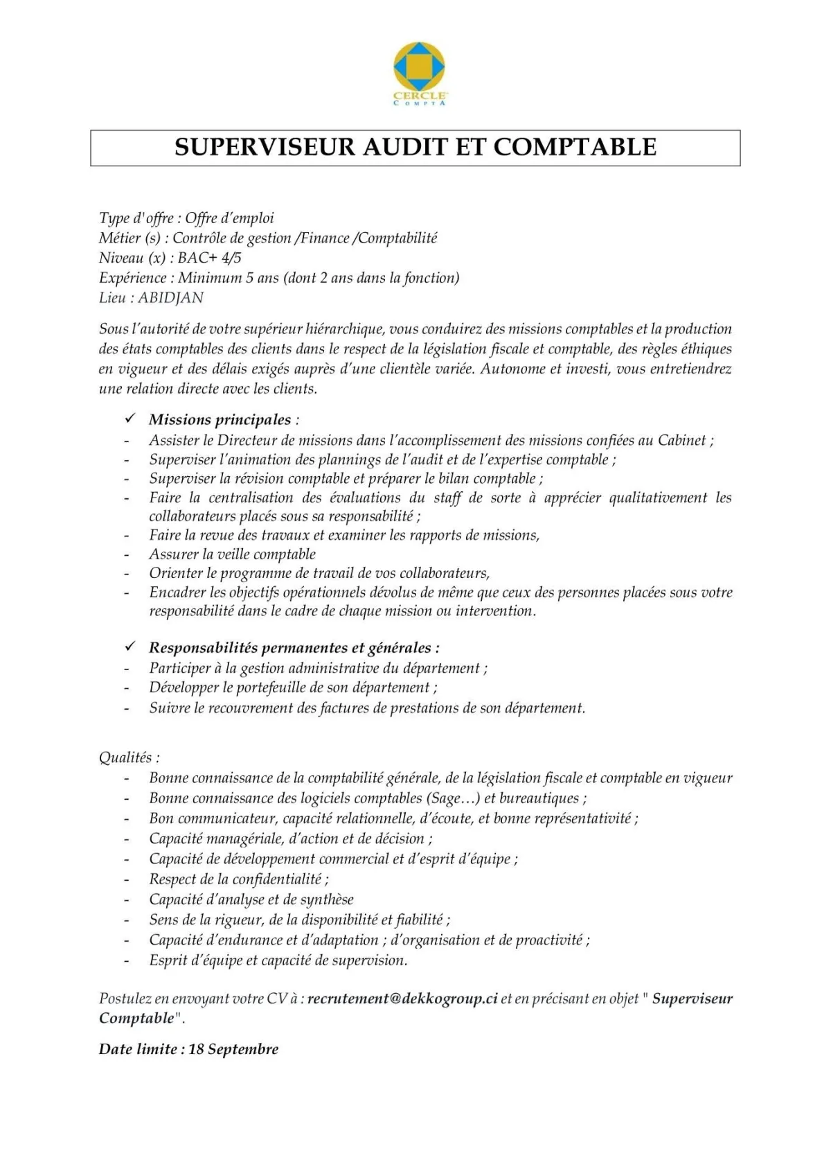 RECRUTEMENT SUPERVISEUR AUTI ET COMPTABLE