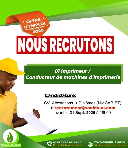 RECRUTEMENT IMPRIMEUR /CONDUCTEUR DE MACHINES D'IMPRIMERIE