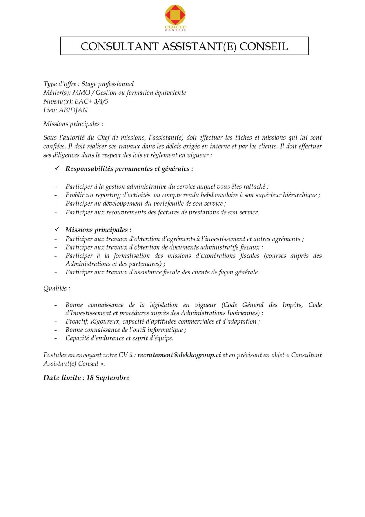 CONSULTANT ASSISTANT AUDIT CONSEIL STAGE (H/F)