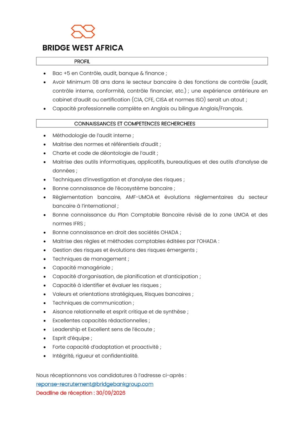 RECRUTEMENT AUDITEUR INTERNE SENIOR (H/F)