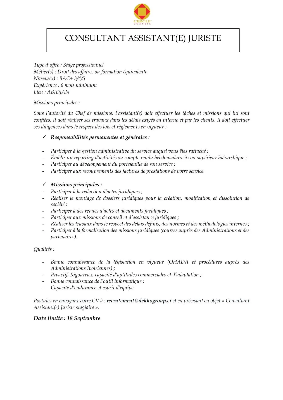 CONSULTANT ASSISTANT JURISTE STAGIAIRE (H/F)