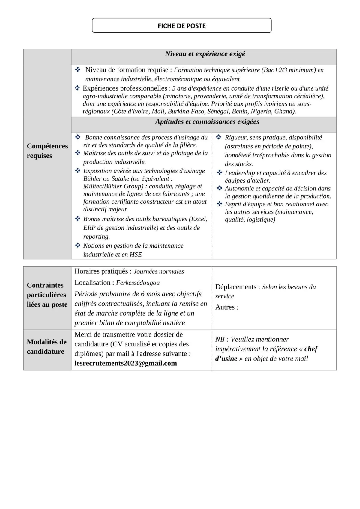 RECRUTEMENT CHEF D'USINE CHARGE D'ASSURE L'EXPLOITATION