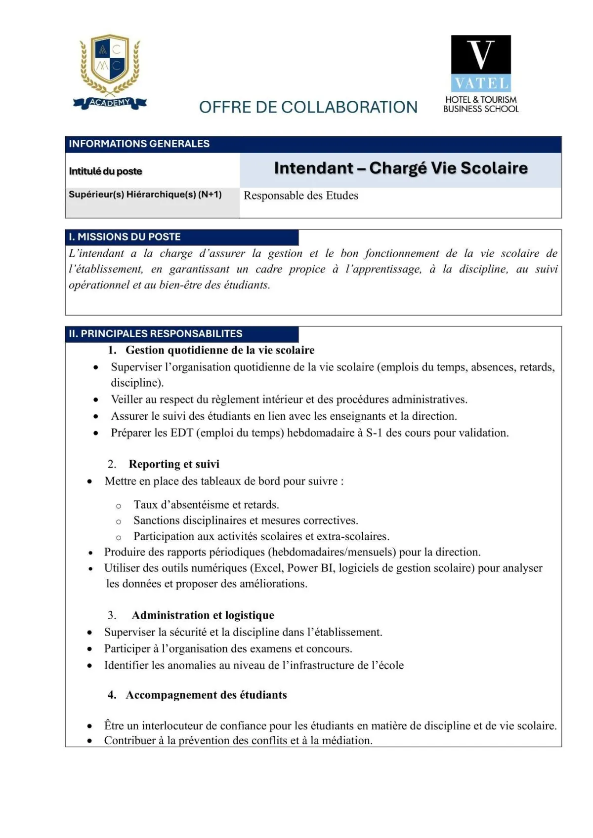 RECRUTEMNT CHARGE VIE SCOLAIRE (H/F)