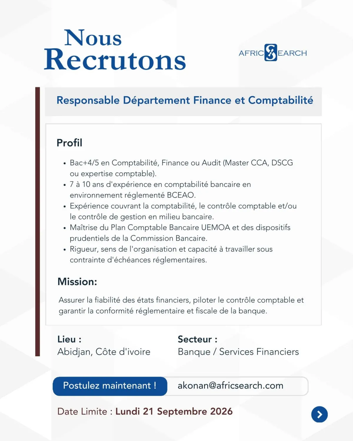 RESPONSABLE DE DEPARTEMENT FINANCE ET COMPTABILITE (H/F)