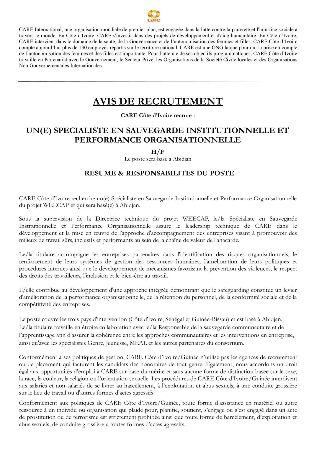 SPECIALISTE EN SAUVEGARDE INSTITUTIONNELLE ET PERFORMANCE ORGANISATIONNELLE