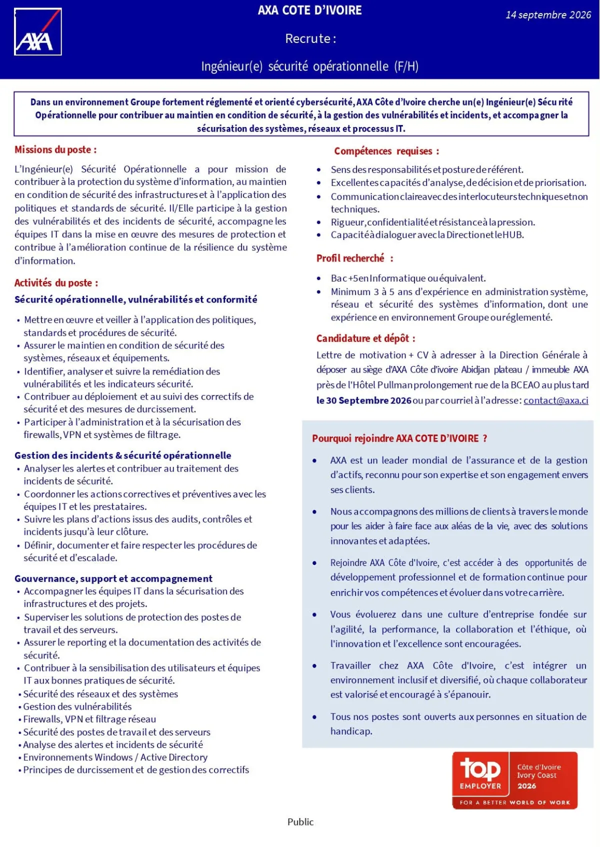 AXA RECRUTE INGENIEUR SECURITE OPERATIONNE (H/F)